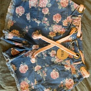 BiBi Pink Floral High Waist Denim Shorts